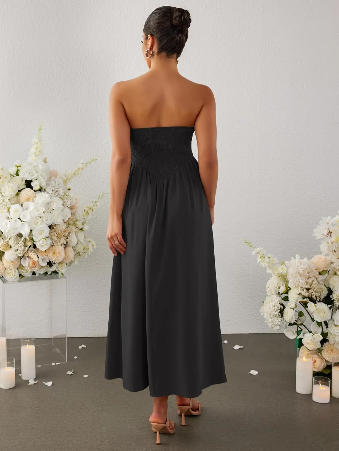 Women's Summer Strapless Midi Sundress Tube Off Shoulder Ruffle Flowy A Line Long Beach Vacation Dresses