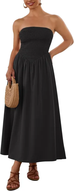Women's Summer Strapless Midi Sundress Tube Off Shoulder Ruffle Flowy A Line Long Beach Vacation Dresses