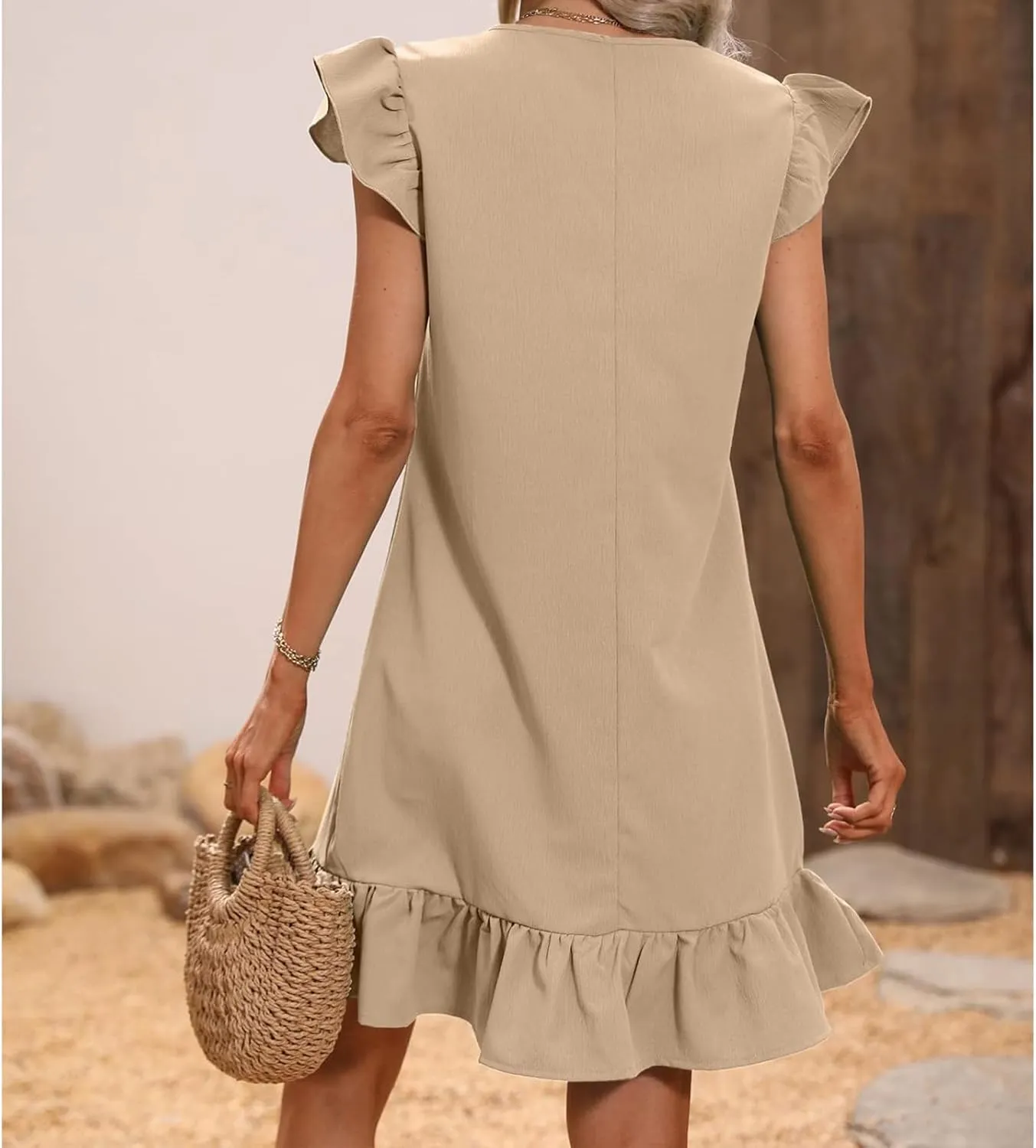 Womens Summer Sundress V-Neck Ruffle Cap Short Sleeve Mini Dresses Solid Casual Beach Sun Dress for Women