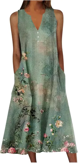 Women's Summer Vintage Midi Dress Floral Print Sleeveless V Neck Dresses Casual Loose Lightweight Beach Clothes