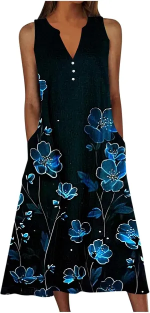 Women's Summer Vintage Midi Dress Floral Print Sleeveless V Neck Dresses Casual Loose Lightweight Beach Clothes