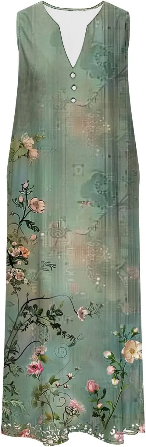 Women's Summer Vintage Midi Dress Floral Print Sleeveless V Neck Dresses Casual Loose Lightweight Beach Clothes