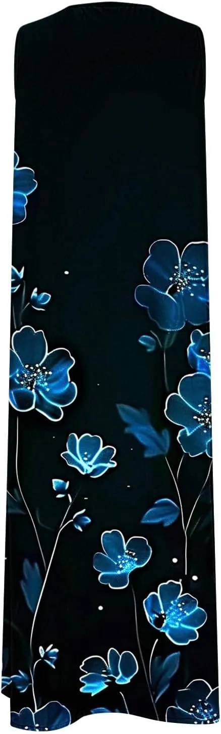 Women's Summer Vintage Midi Dress Floral Print Sleeveless V Neck Dresses Casual Loose Lightweight Beach Clothes