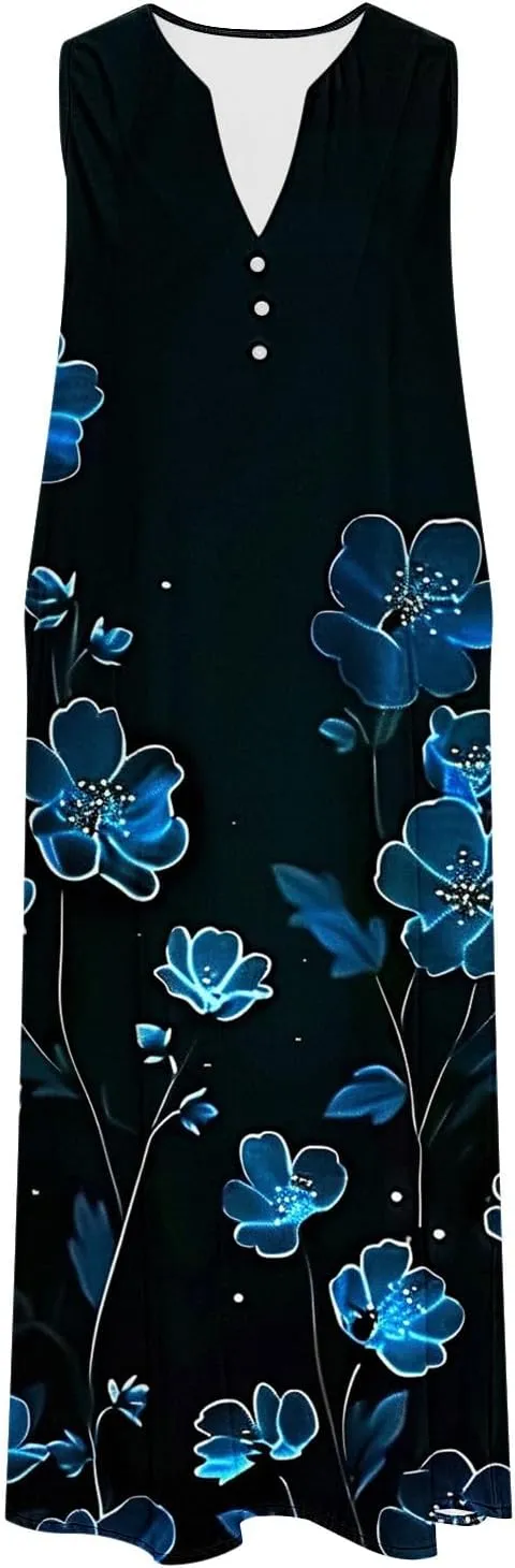 Women's Summer Vintage Midi Dress Floral Print Sleeveless V Neck Dresses Casual Loose Lightweight Beach Clothes