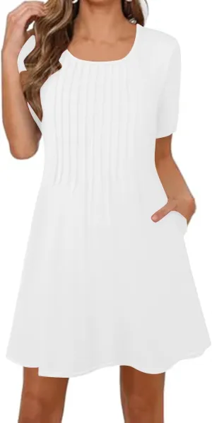 Womens Sundresses Summer Beach Vacation Tshirt Mini Dress Pleated Round Neck Shirt Dresses with Pockets