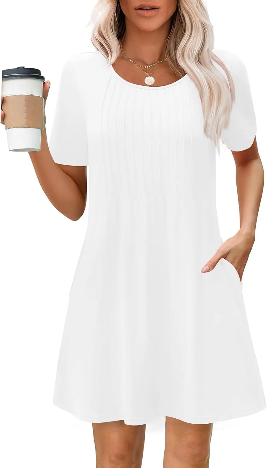 Womens Sundresses Summer Beach Vacation Tshirt Mini Dress Pleated Round Neck Shirt Dresses with Pockets