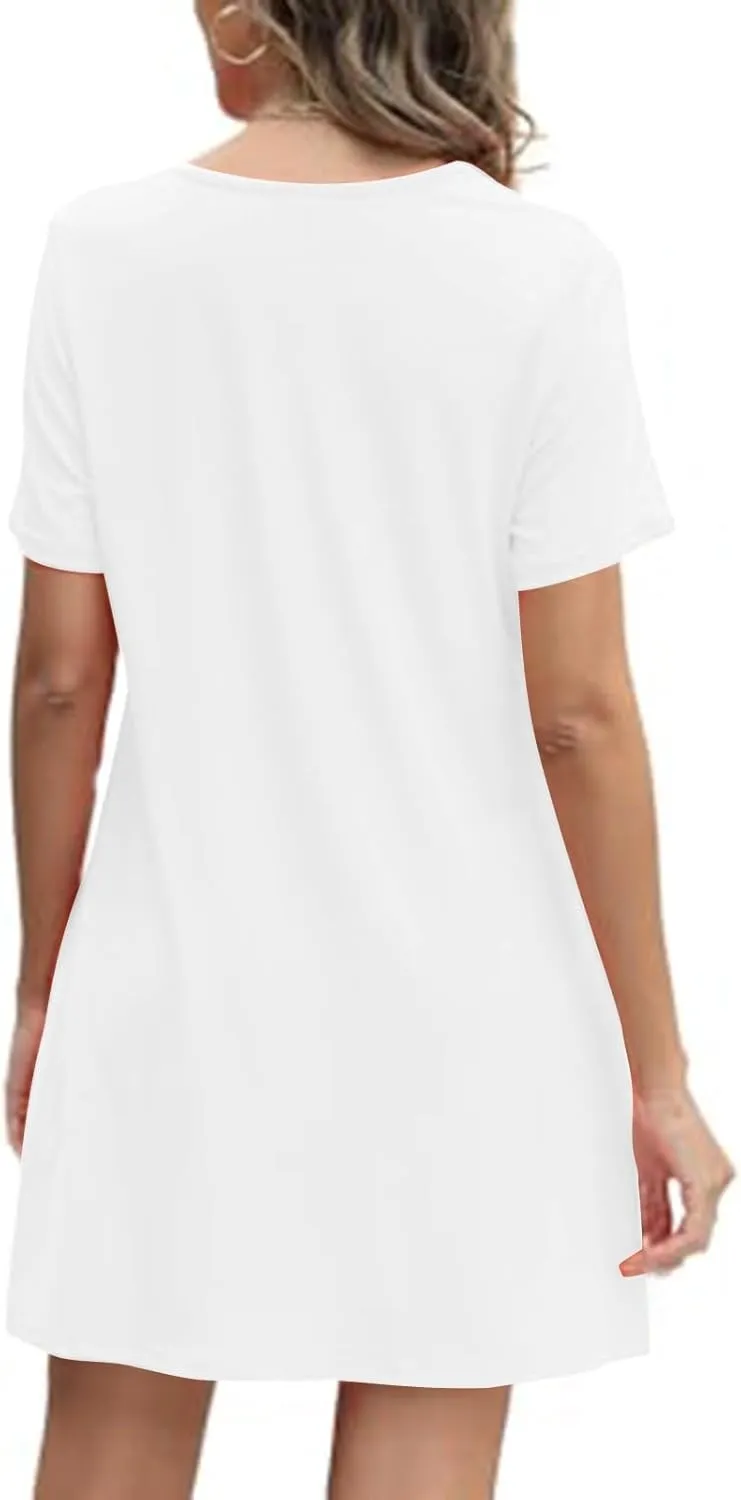 Womens Sundresses Summer Beach Vacation Tshirt Mini Dress Pleated Round Neck Shirt Dresses with Pockets