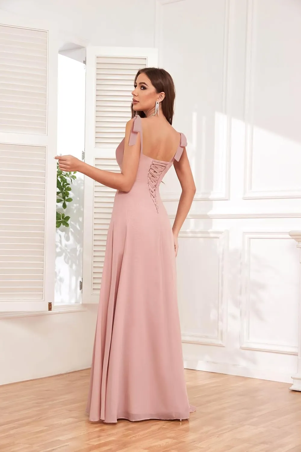 Women's Tie Straps Chiffon Bridesmaid Dresses for Wedding Empire Waist A Line Long Formal Dress with Slit