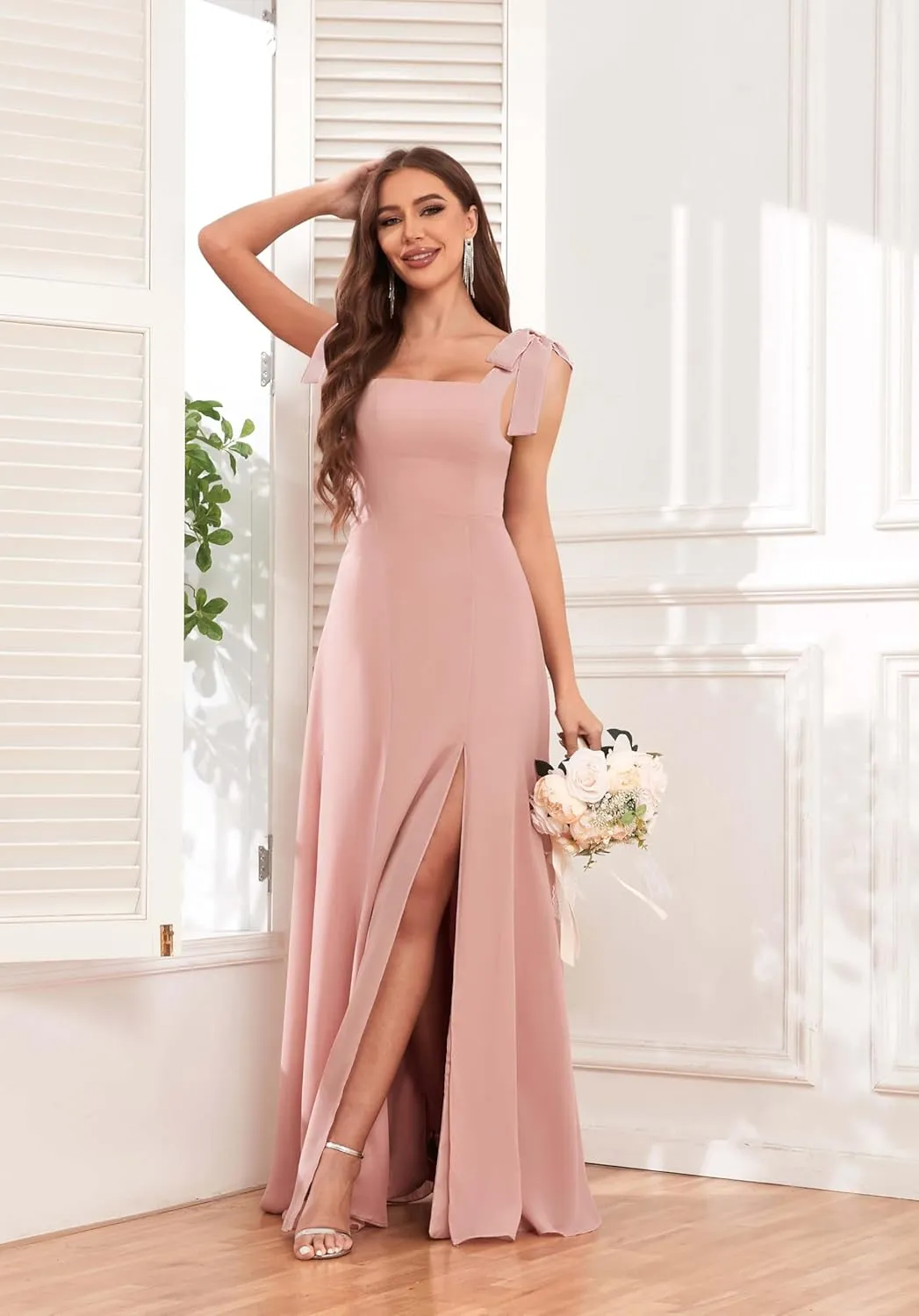 Women's Tie Straps Chiffon Bridesmaid Dresses for Wedding Empire Waist A Line Long Formal Dress with Slit