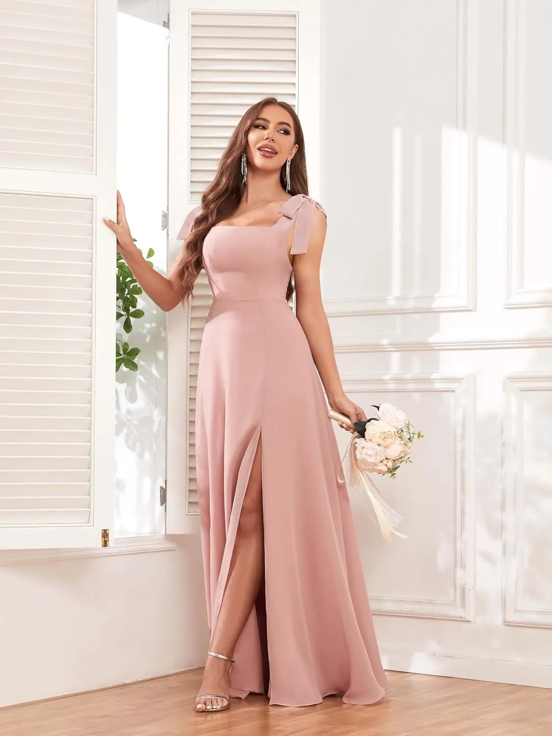 Women's Tie Straps Chiffon Bridesmaid Dresses for Wedding Empire Waist A Line Long Formal Dress with Slit