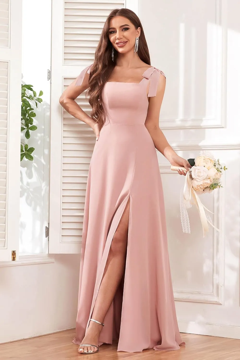 Women's Tie Straps Chiffon Bridesmaid Dresses for Wedding Empire Waist A Line Long Formal Dress with Slit
