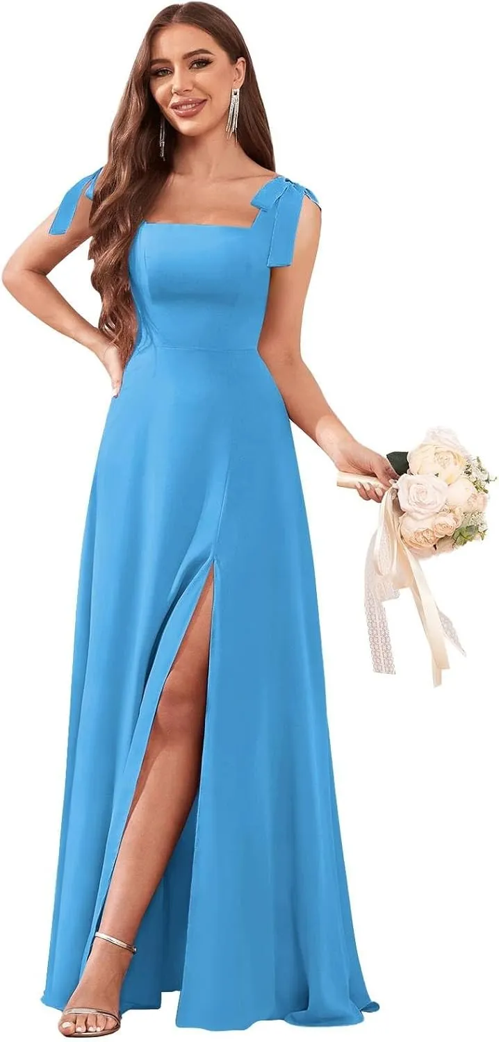 Women's Tie Straps Chiffon Bridesmaid Dresses for Wedding Empire Waist A Line Long Formal Dress with Slit