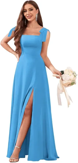 Women's Tie Straps Chiffon Bridesmaid Dresses for Wedding Empire Waist A Line Long Formal Dress with Slit
