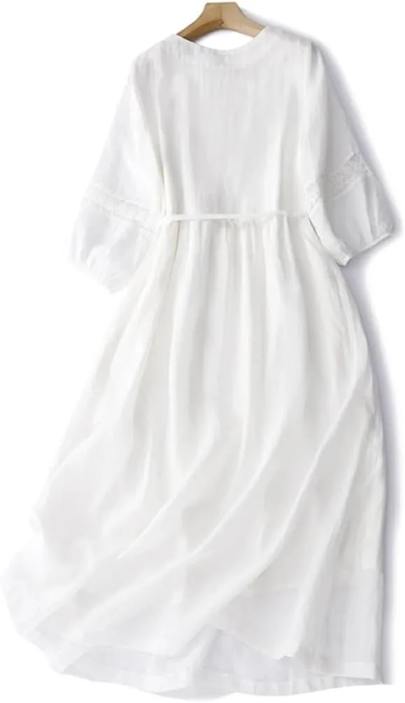 Women's Vintage Embroidery Dress Casual Crewneck 3/4 Sleeve A-Line Office Midi Dresses