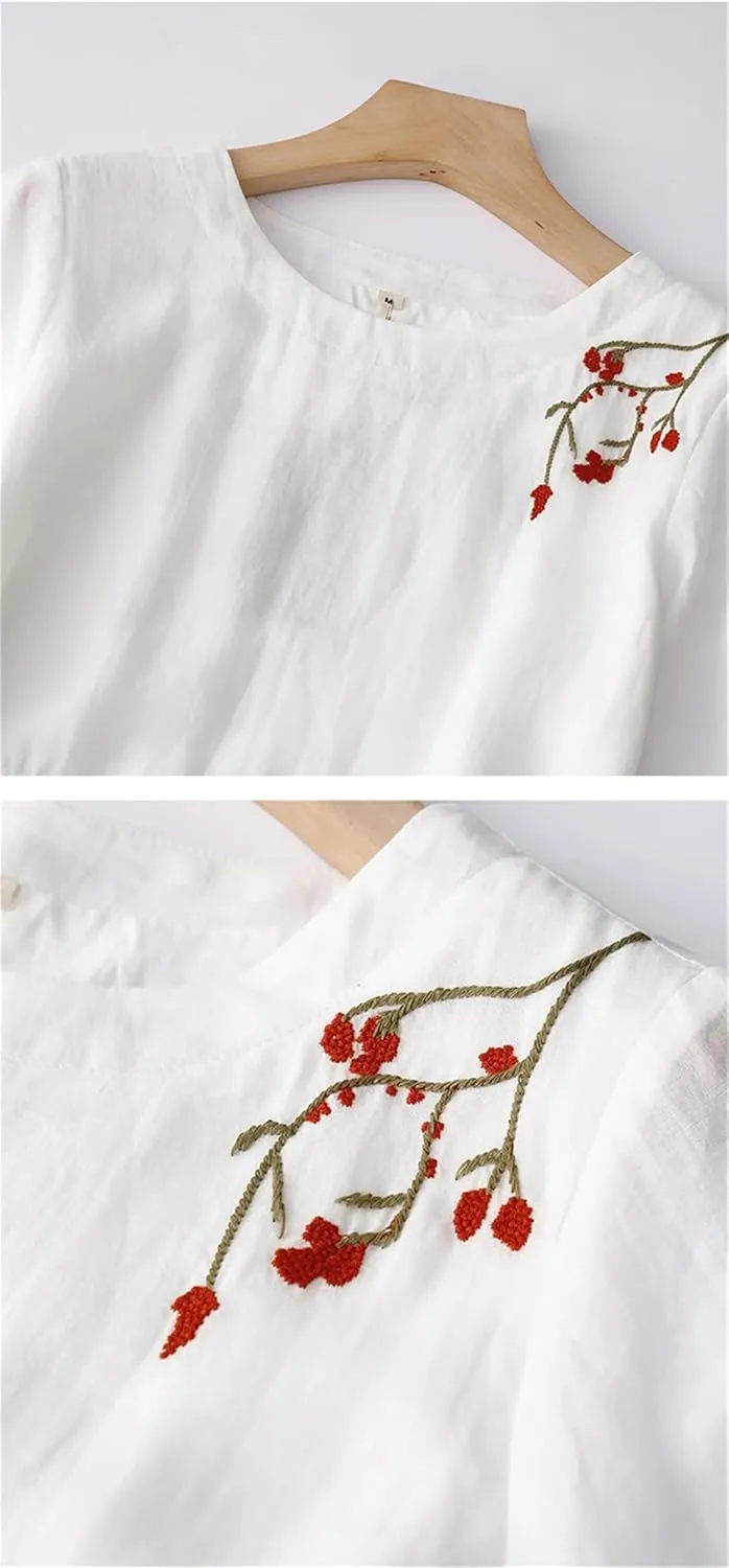 Women's Vintage Embroidery Dress Casual Crewneck 3/4 Sleeve A-Line Office Midi Dresses