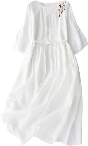 Women's Vintage Embroidery Dress Casual Crewneck 3/4 Sleeve A-Line Office Midi Dresses