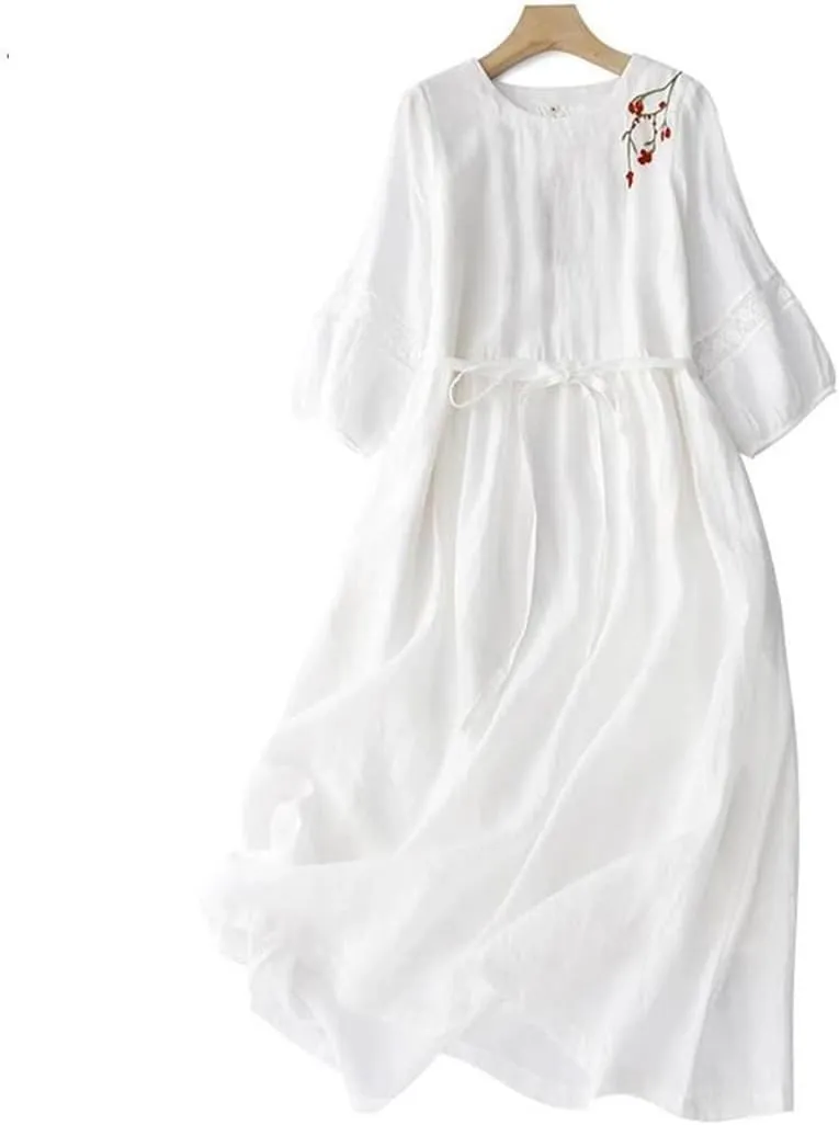 Women's Vintage Embroidery Dress Casual Crewneck 3/4 Sleeve A-Line Office Midi Dresses