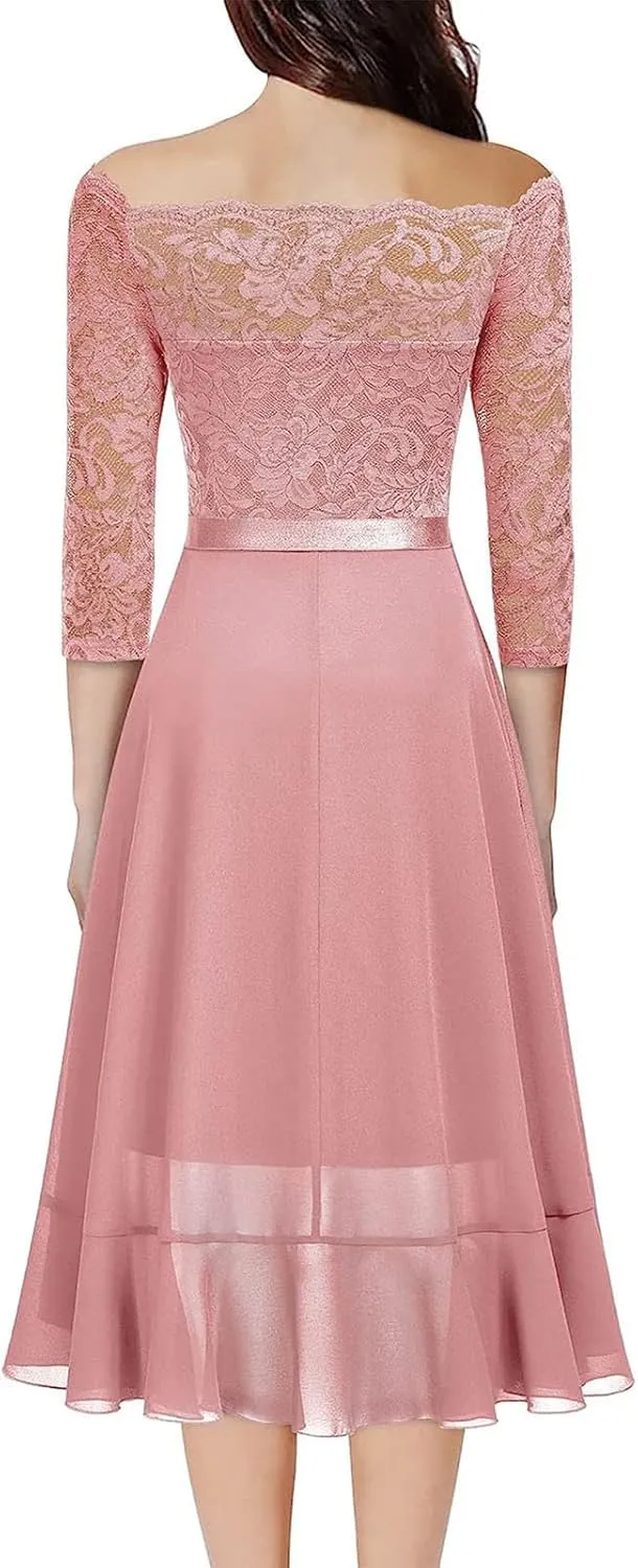 Womens Vintage Evening Dress Lace 3/4 Sleeve Prom Gown Formal Midi Dresses Scoop Neck A Line Chiffon Cocktail Dress