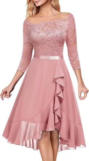 Womens Vintage Evening Dress Lace 3/4 Sleeve Prom Gown Formal Midi Dresses Scoop Neck A Line Chiffon Cocktail Dress