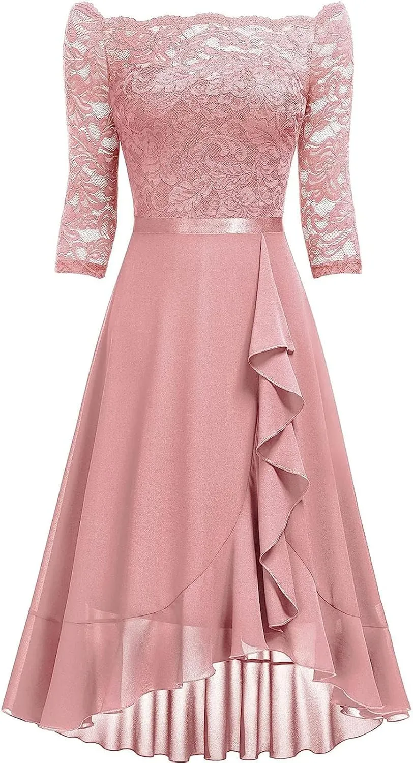 Womens Vintage Evening Dress Lace 3/4 Sleeve Prom Gown Formal Midi Dresses Scoop Neck A Line Chiffon Cocktail Dress