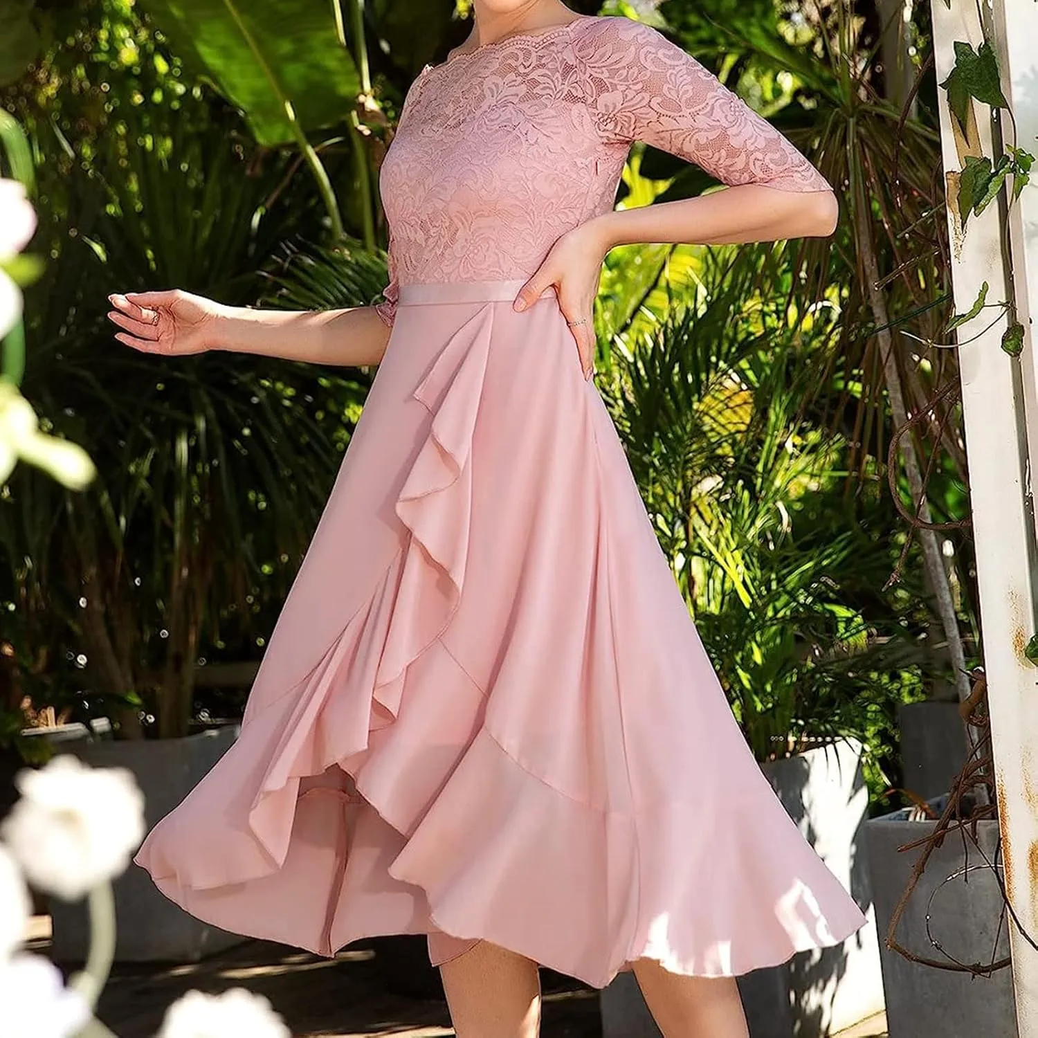 Womens Vintage Evening Dress Lace 3/4 Sleeve Prom Gown Formal Midi Dresses Scoop Neck A Line Chiffon Cocktail Dress