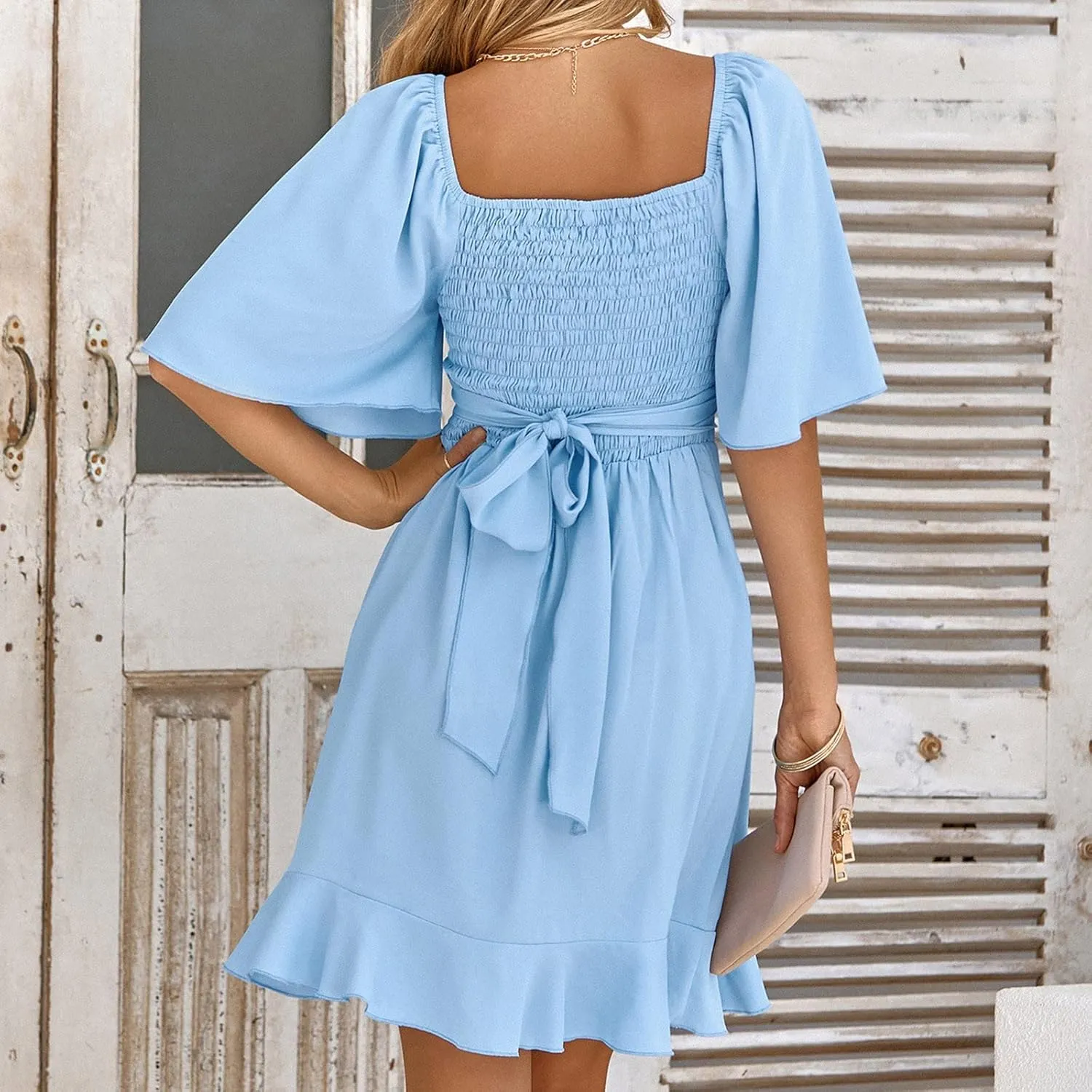 Women's Wrap V Neck Short Flared Sleeve Wedding Guest Dress Smocked Elastic Waist Tiered Belted Ruffle Hem Mini Dress