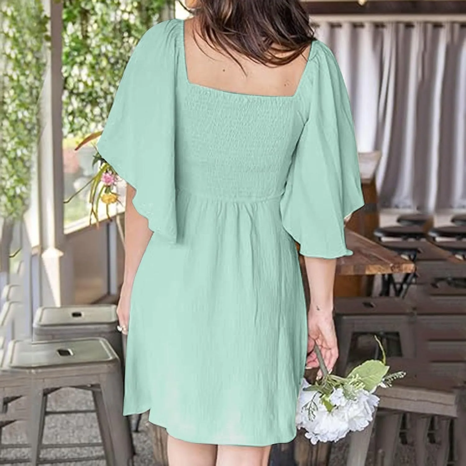 Women's Wrap V Neck Short Flared Sleeve Wedding Guest Dress Smocked Elastic Waist Tiered Belted Ruffle Hem Mini Dress