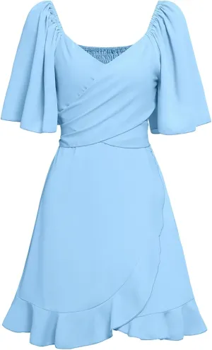 Women's Wrap V Neck Short Flared Sleeve Wedding Guest Dress Smocked Elastic Waist Tiered Belted Ruffle Hem Mini Dress