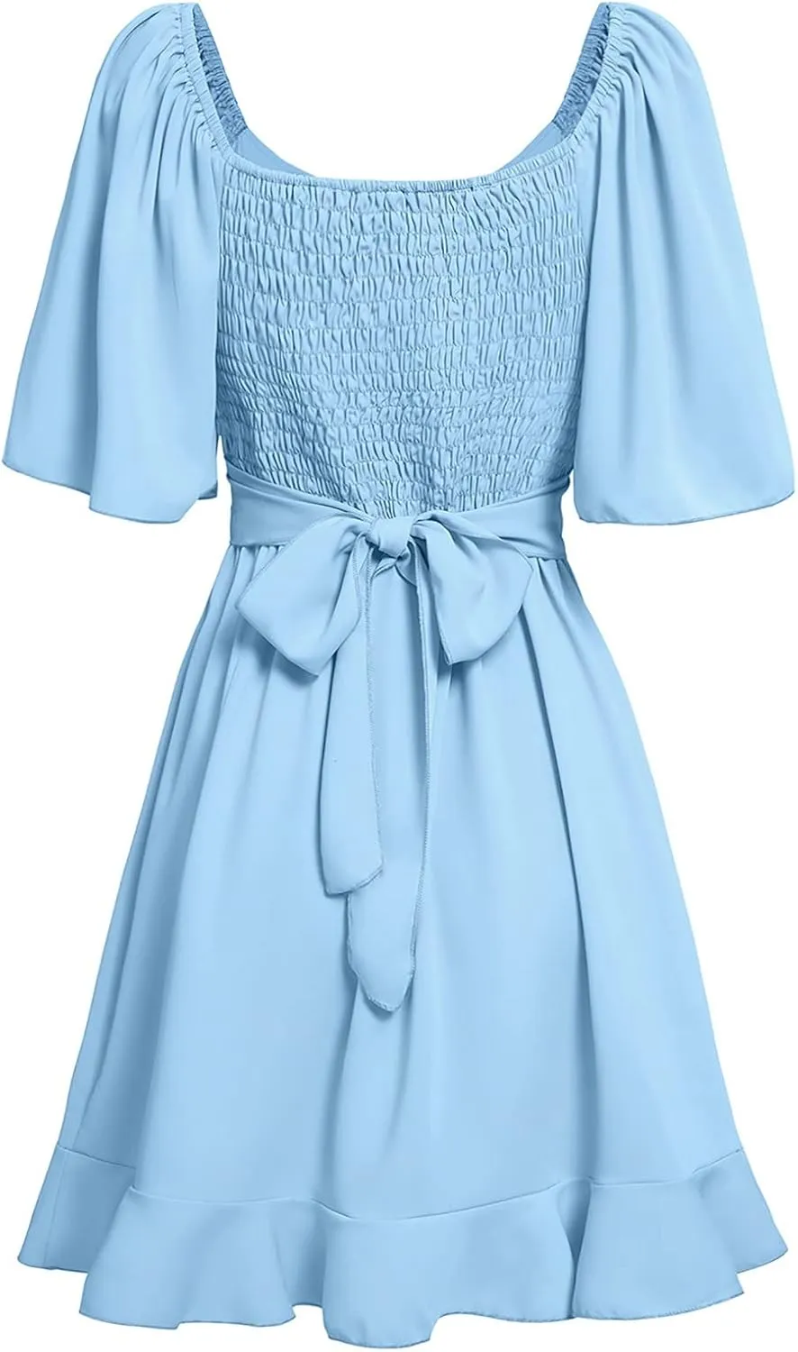 Women's Wrap V Neck Short Flared Sleeve Wedding Guest Dress Smocked Elastic Waist Tiered Belted Ruffle Hem Mini Dress