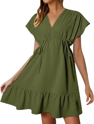 XOWRTE Womens Summer Dresses Short Sleeve V Neck Empire Waist Drawstring Casual Ruffle A-Line Swing Mini Babydoll Dress