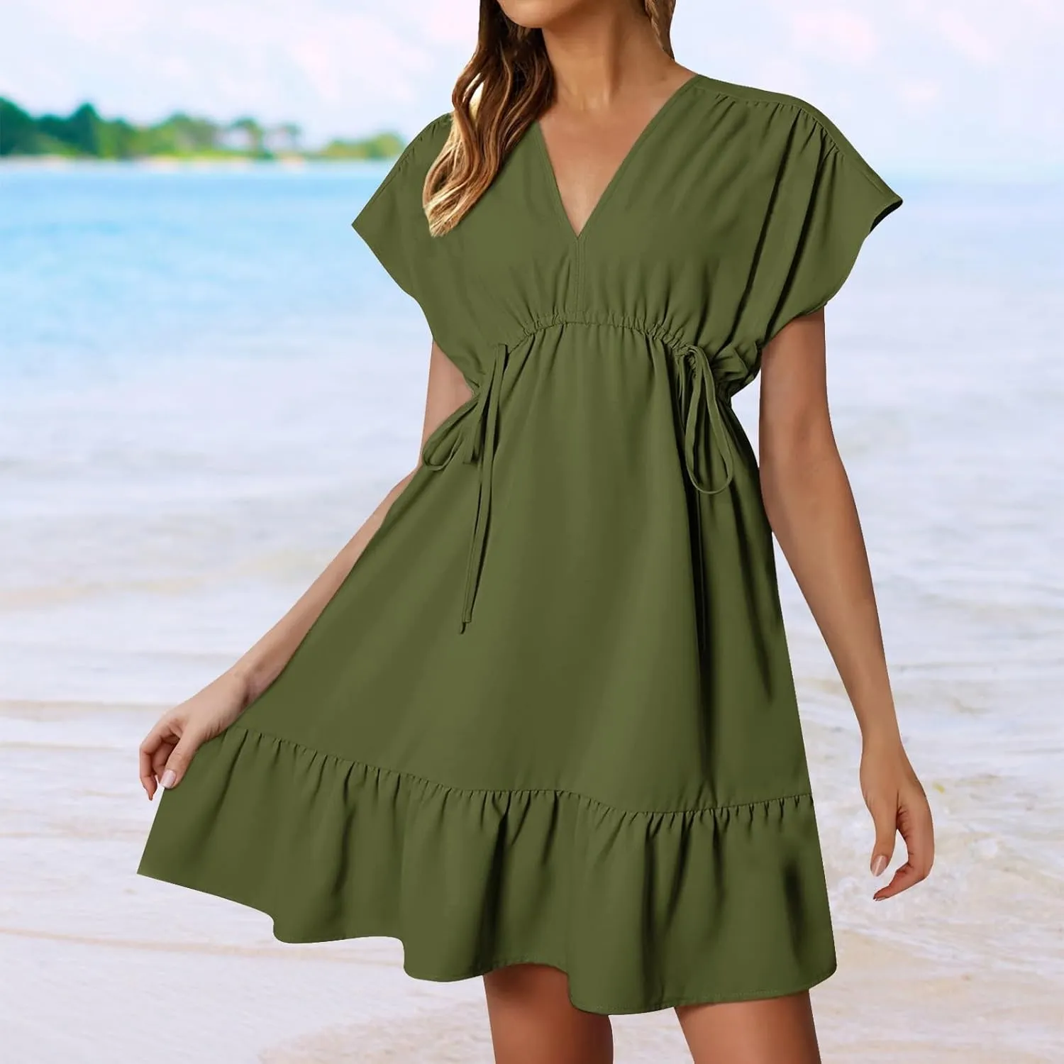 XOWRTE Womens Summer Dresses Short Sleeve V Neck Empire Waist Drawstring Casual Ruffle A-Line Swing Mini Babydoll Dress