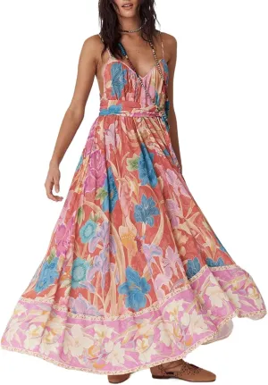 Y2k Women Boho Floral Maxi Dress Flower Ruffle Sexy Backless Sleeveless Flowy Tiered Long Sundress Summer Party