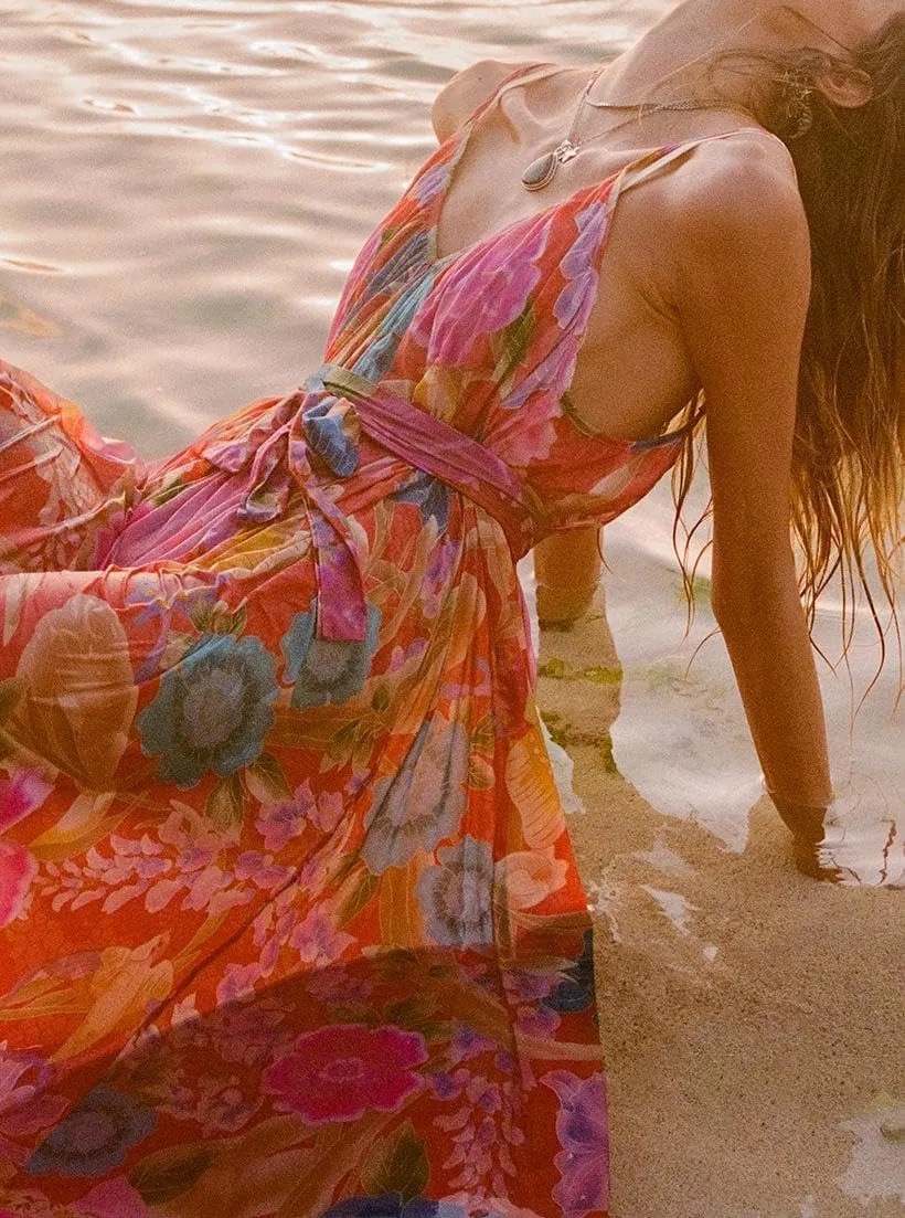 Y2k Women Boho Floral Maxi Dress Flower Ruffle Sexy Backless Sleeveless Flowy Tiered Long Sundress Summer Party