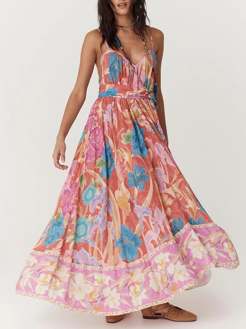 Y2k Women Boho Floral Maxi Dress Flower Ruffle Sexy Backless Sleeveless Flowy Tiered Long Sundress Summer Party