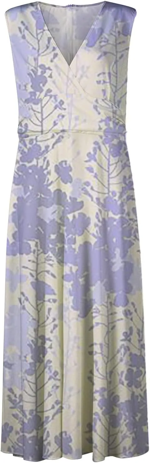 Yesunpxs Dresses for Women 2024 Sleeveless Floral Printed Maxi Dress Wrap V Neck Flowy Ruched Beach Dresses Boho Sundresses