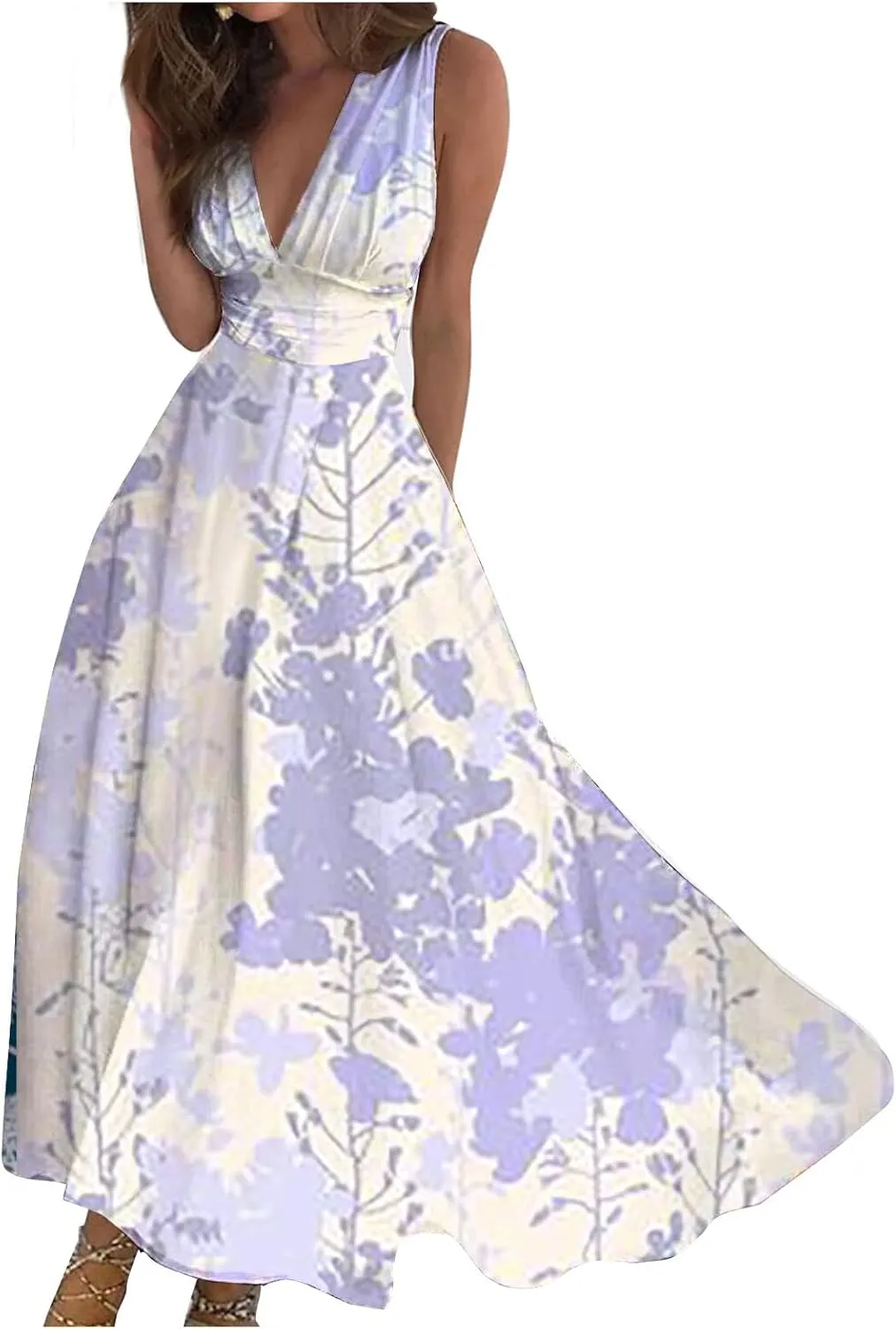 Yesunpxs Dresses for Women 2024 Sleeveless Floral Printed Maxi Dress Wrap V Neck Flowy Ruched Beach Dresses Boho Sundresses