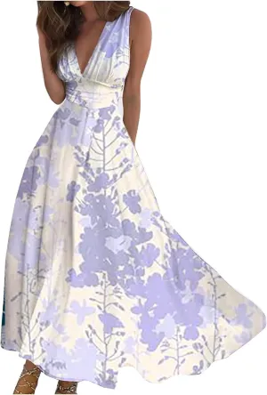 Yesunpxs Dresses for Women 2024 Sleeveless Floral Printed Maxi Dress Wrap V Neck Flowy Ruched Beach Dresses Boho Sundresses
