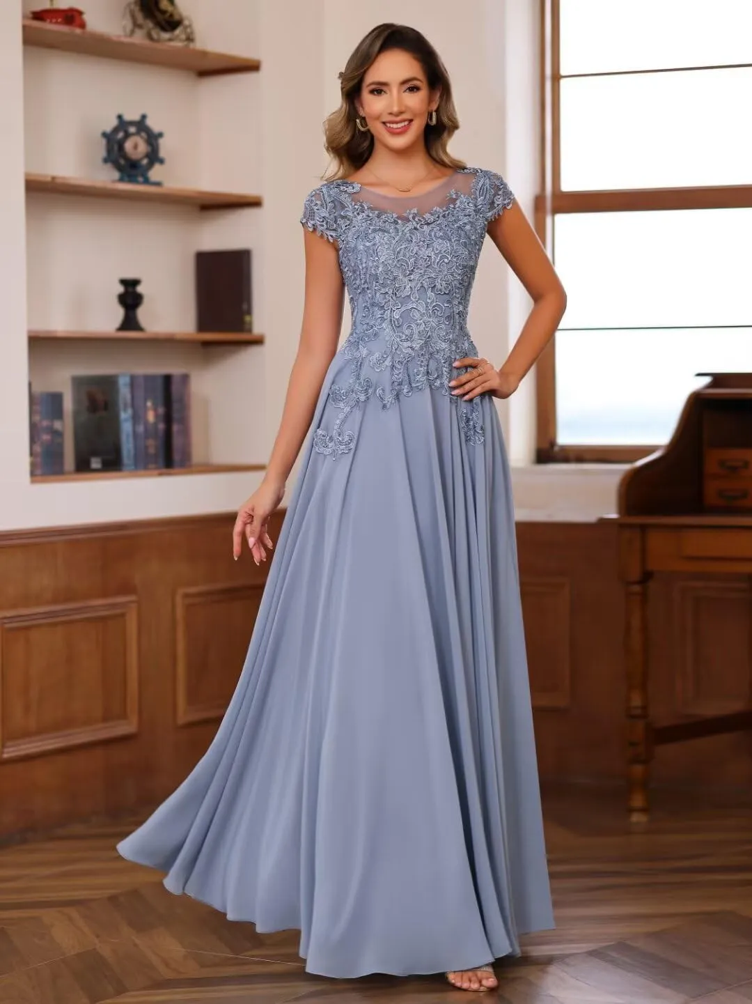 YMSHA Lace Mother of The Bride Dresses with Sleeves A Line Crew Neck Formal Evening Dress YMS379
