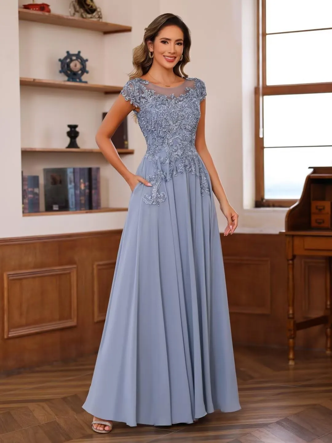 YMSHA Lace Mother of The Bride Dresses with Sleeves A Line Crew Neck Formal Evening Dress YMS379