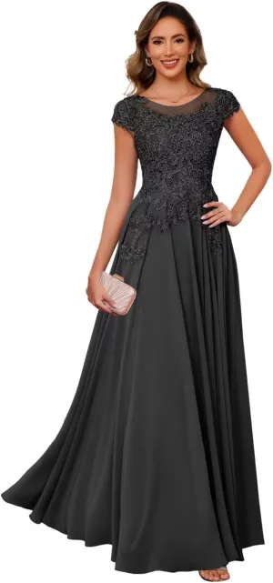 YMSHA Lace Mother of The Bride Dresses with Sleeves A Line Crew Neck Formal Evening Dress YMS379