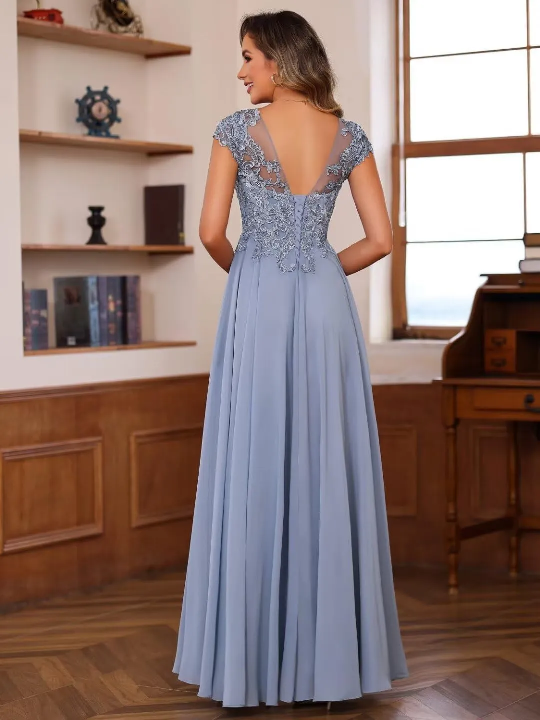 YMSHA Lace Mother of The Bride Dresses with Sleeves A Line Crew Neck Formal Evening Dress YMS379