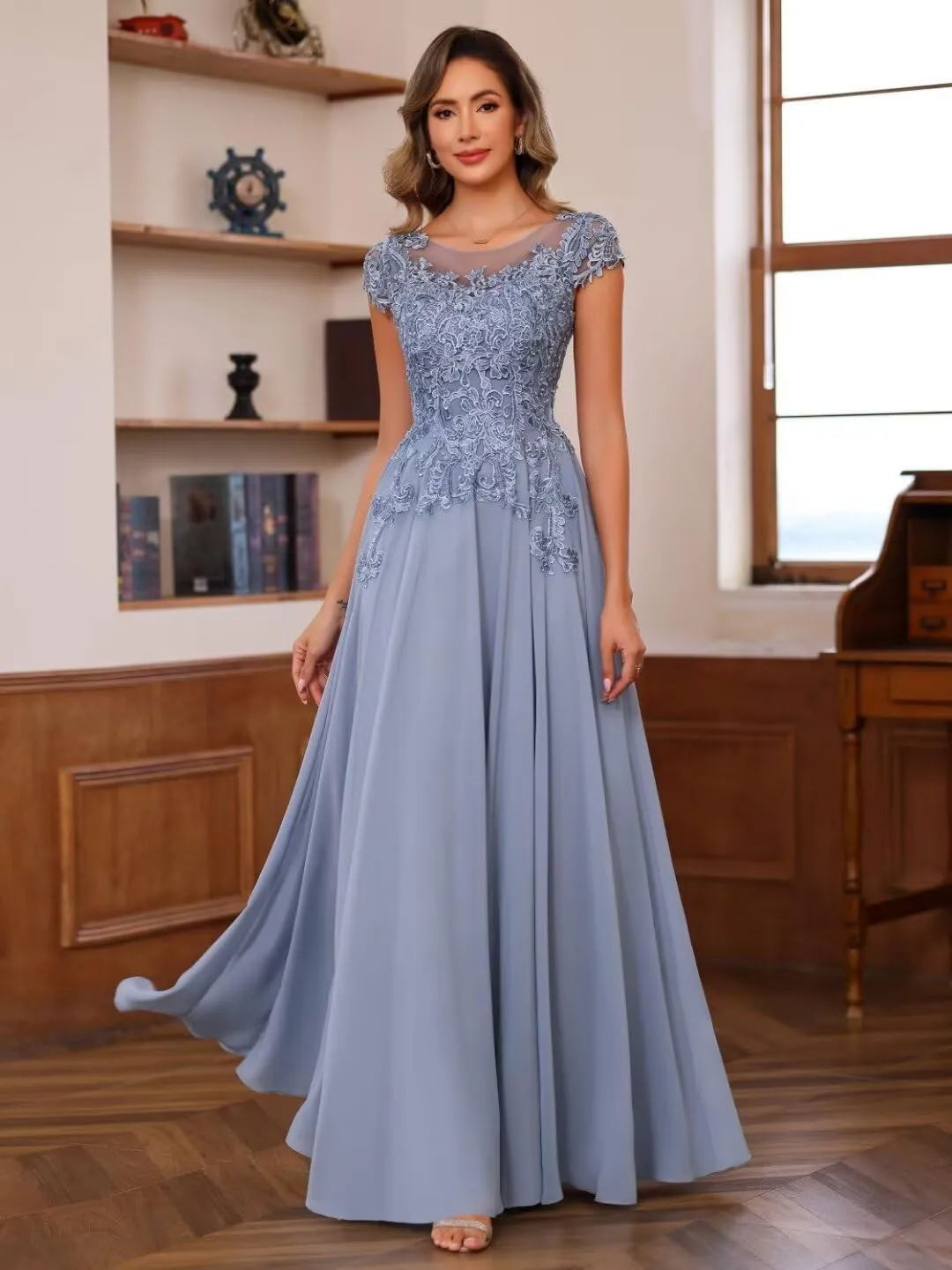 YMSHA Lace Mother of The Bride Dresses with Sleeves A Line Crew Neck Formal Evening Dress YMS379