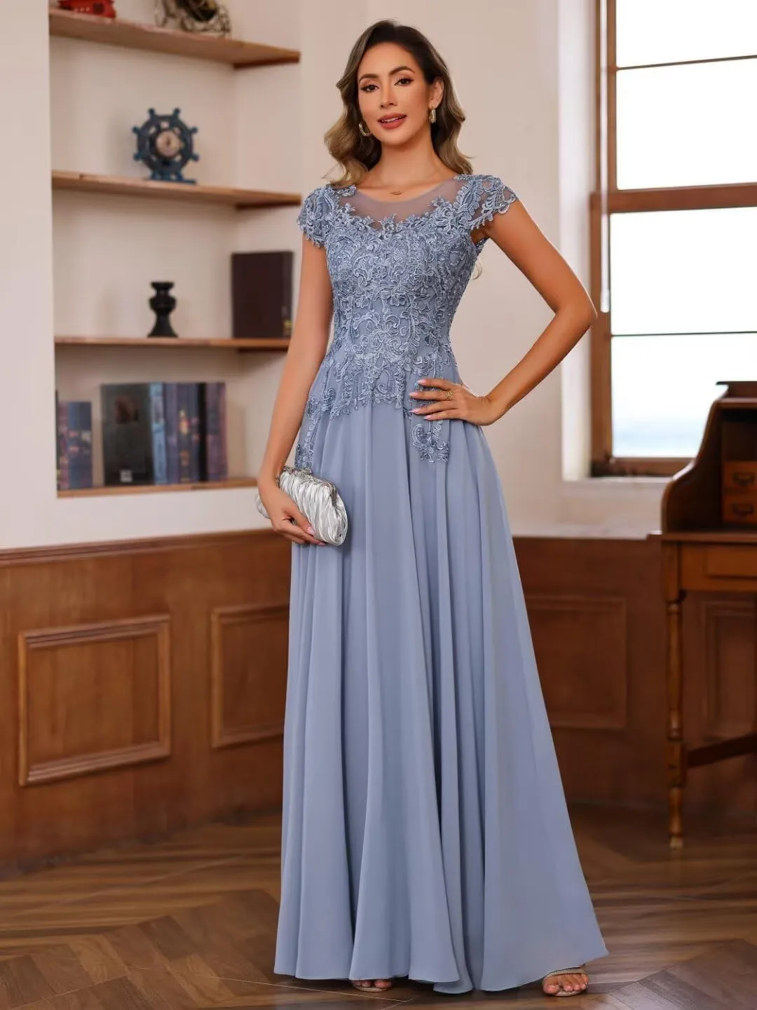 YMSHA Lace Mother of The Bride Dresses with Sleeves A Line Crew Neck Formal Evening Dress YMS379