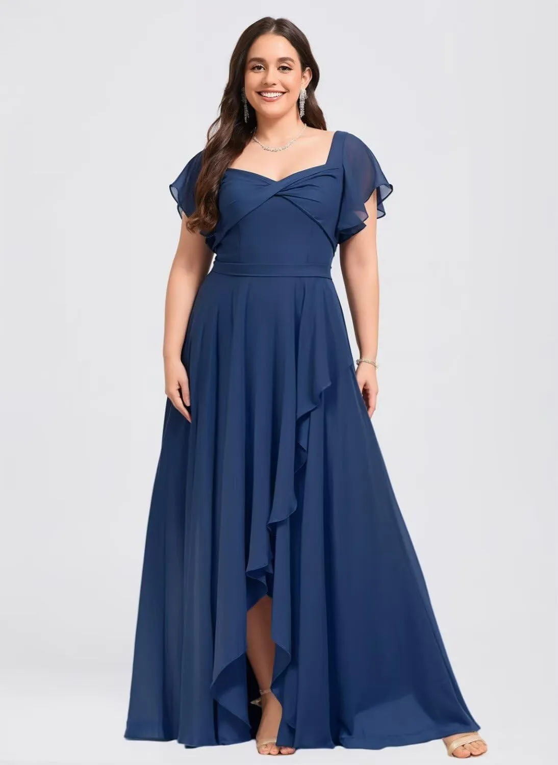 YMSHA Short Sleeve Chiffon Bridesmaid Dresses for Women Square Neck A Line Formal Party Dress YMS391