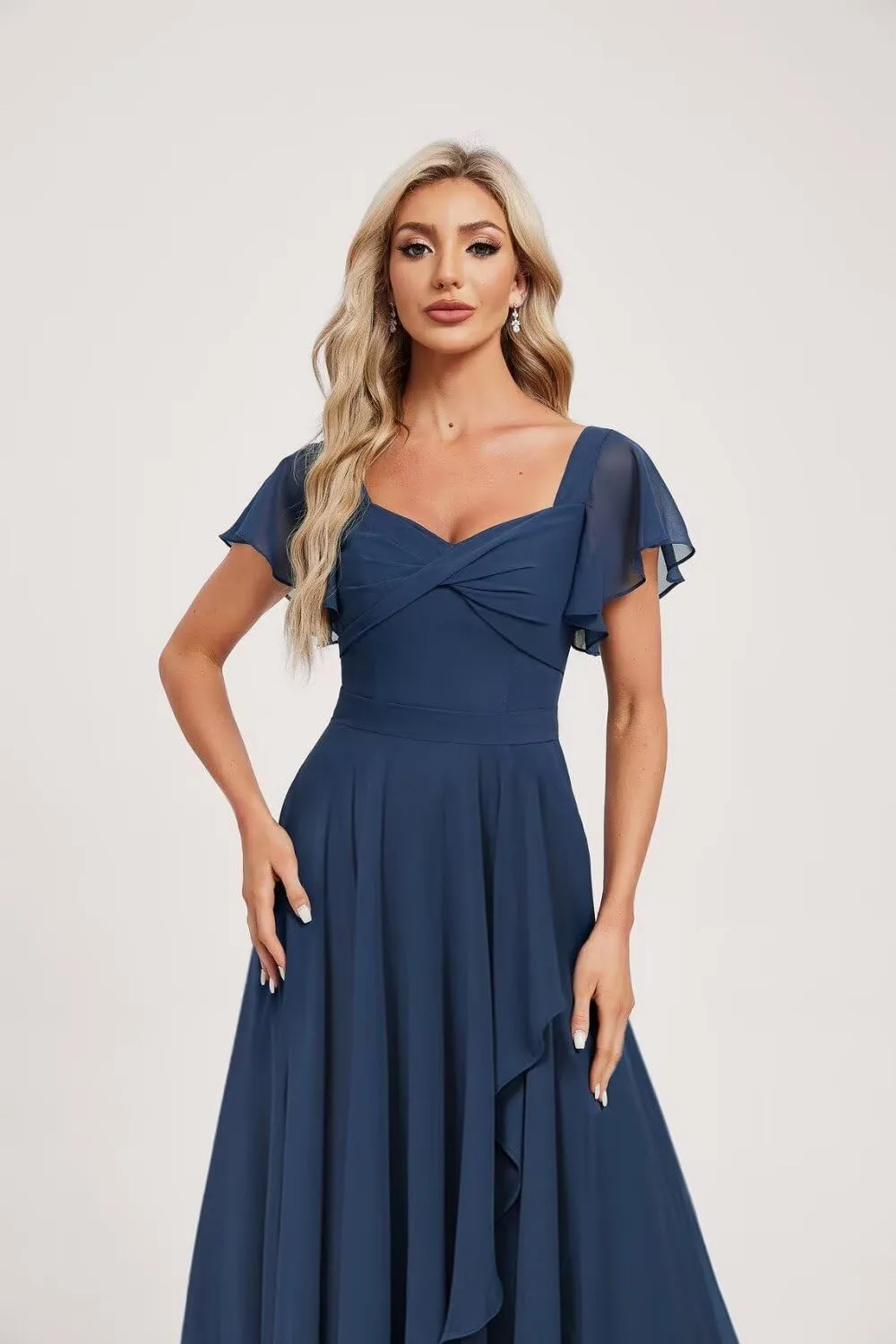YMSHA Short Sleeve Chiffon Bridesmaid Dresses for Women Square Neck A Line Formal Party Dress YMS391