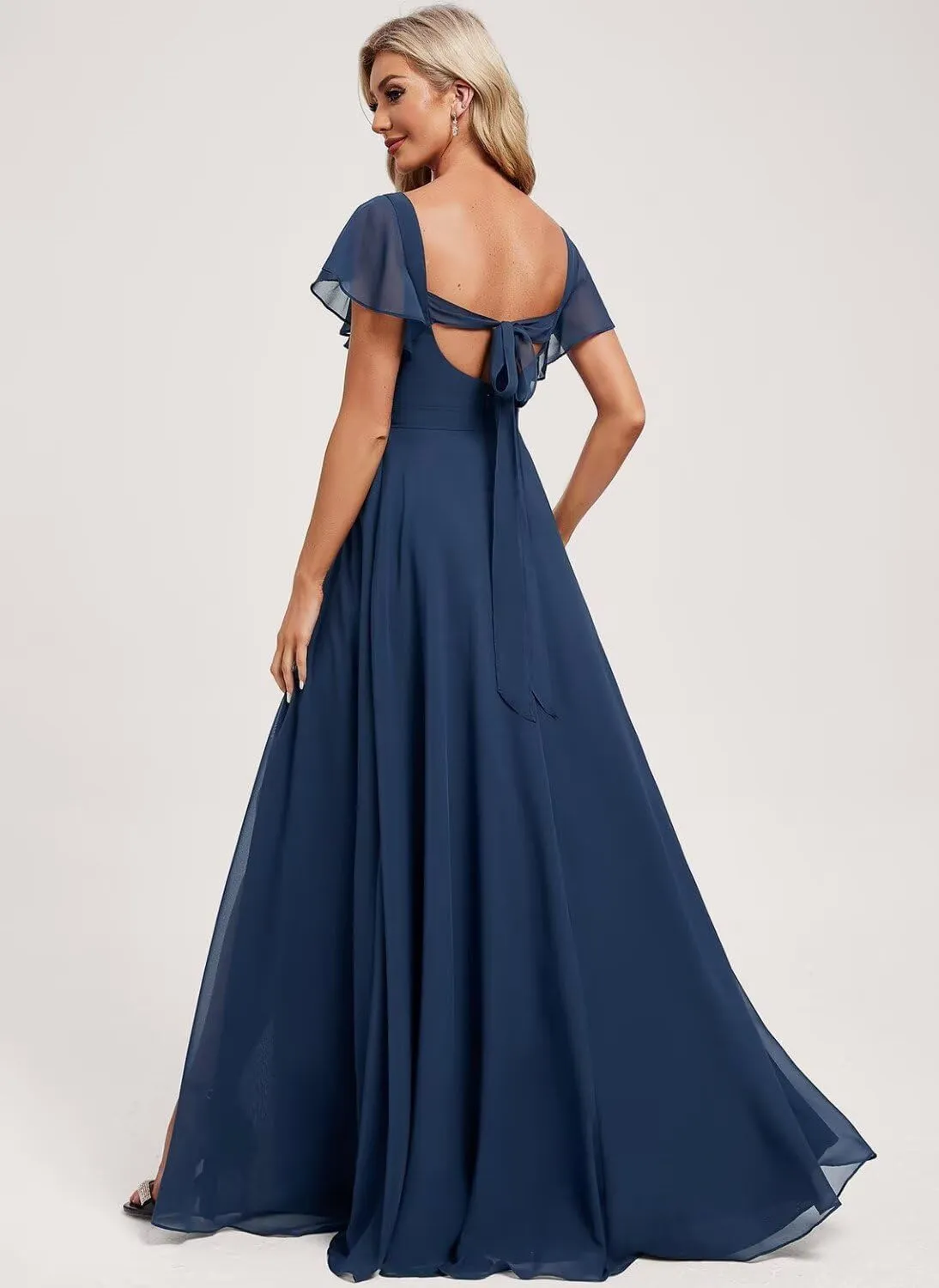 YMSHA Short Sleeve Chiffon Bridesmaid Dresses for Women Square Neck A Line Formal Party Dress YMS391