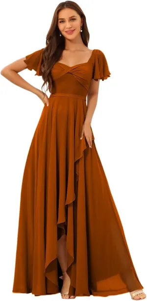 YMSHA Short Sleeve Chiffon Bridesmaid Dresses for Women Square Neck A Line Formal Party Dress YMS391