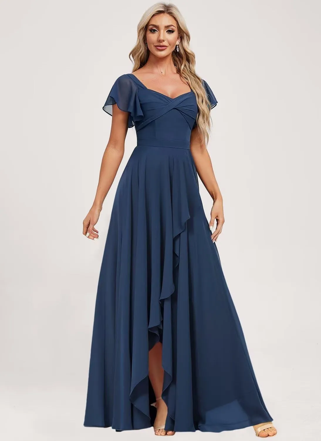 YMSHA Short Sleeve Chiffon Bridesmaid Dresses for Women Square Neck A Line Formal Party Dress YMS391