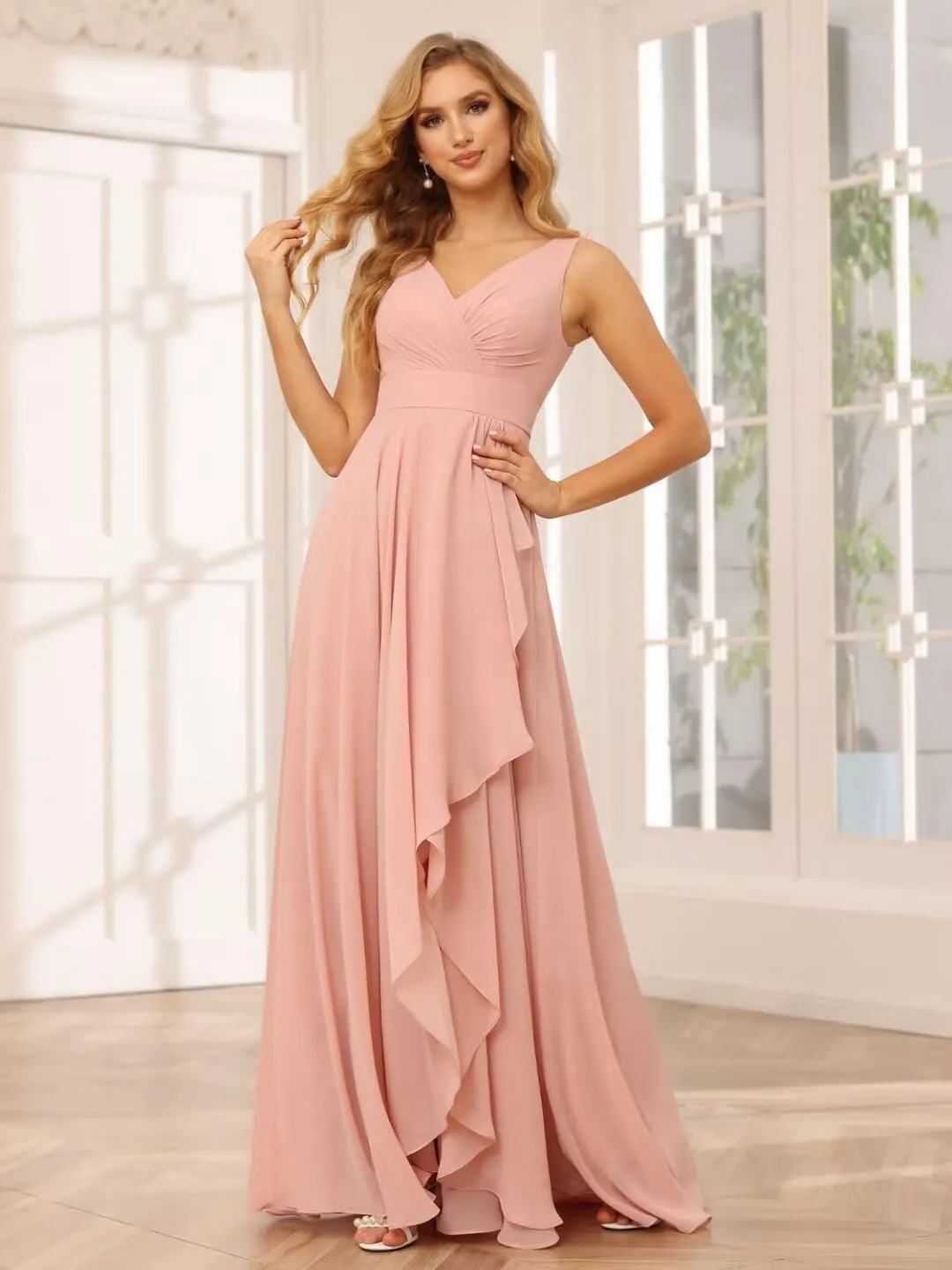 YMSHA V Neck Chiffon Bridesmaid Dresses for Women Side Slit Pleated Formal Evening Dress for Girls YMS134