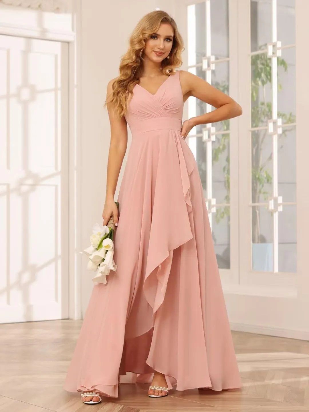 YMSHA V Neck Chiffon Bridesmaid Dresses for Women Side Slit Pleated Formal Evening Dress for Girls YMS134